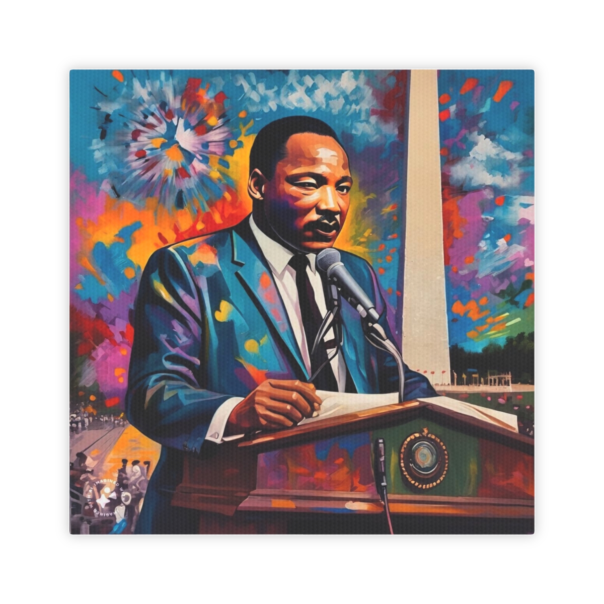 Vibrant colorful rendition of MLK Jr. Giving Speech in Front of Washington Monument